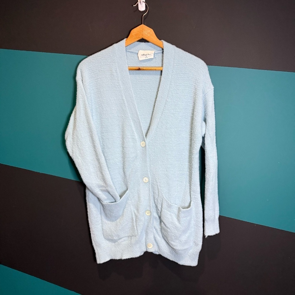 Aritzia Wilfred Blue Fuzzy Button-Up Cardigan XS Preppy Soft Hush Knit - Picture 2 of 14